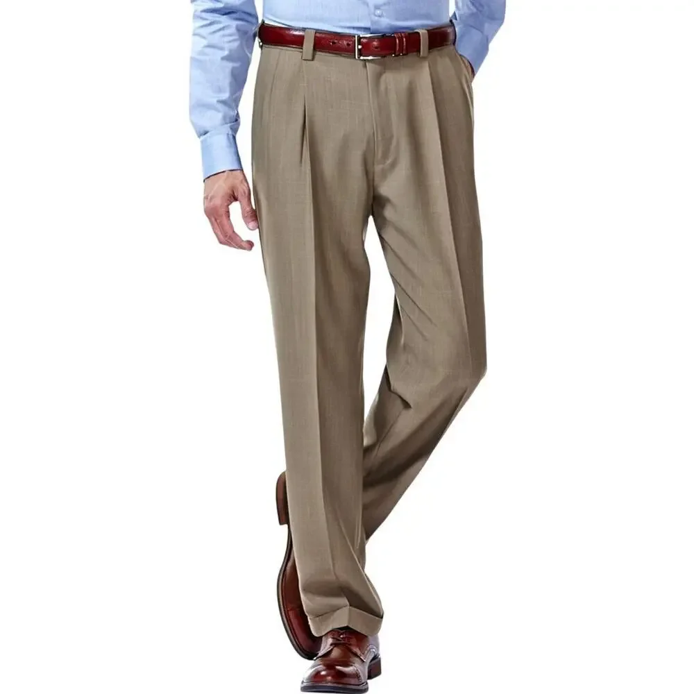 Haggar Men's E-CLO Repreve Stria Pleat Front Dress Pant Khaki Size 40W x 30L 70
